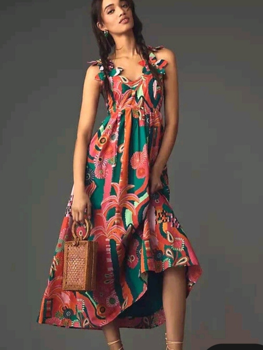 FARM Rio 100% cotton 3d flower straps, Teal, Pink & Orange Floral Midi Dress